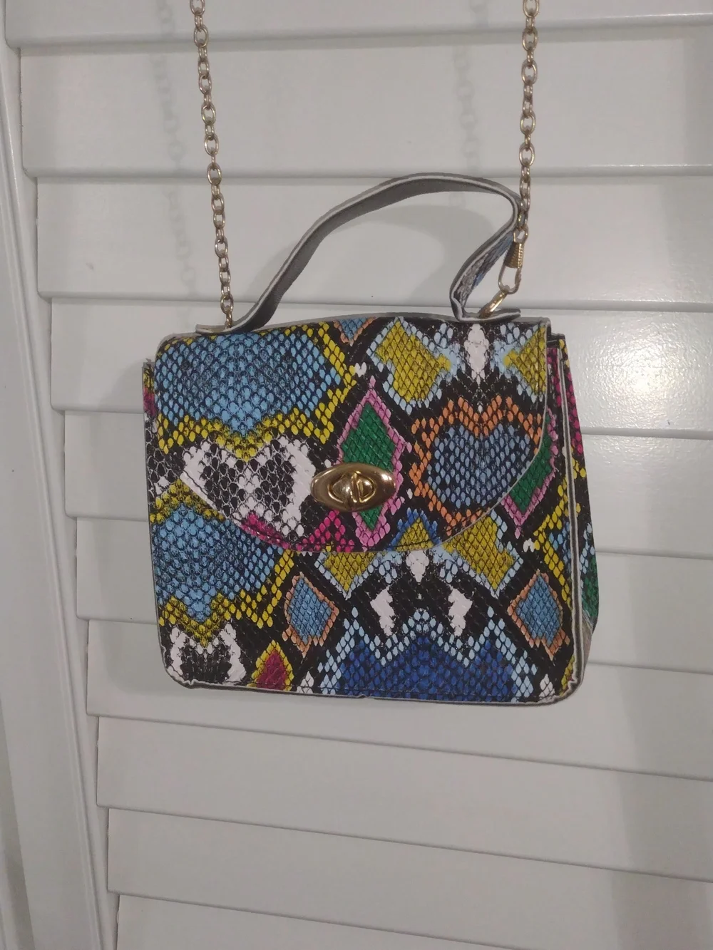 Colorful Multicolor Snake-Print Crossbody Bag And Matching Belt.